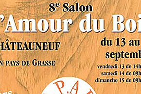 Affiche du salon "L'amour du bois" avec des photos de stands