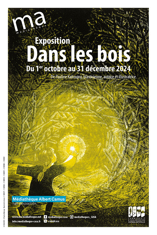 Affiche dessinée représentant une jeune fille dans les bois tenant une lumière